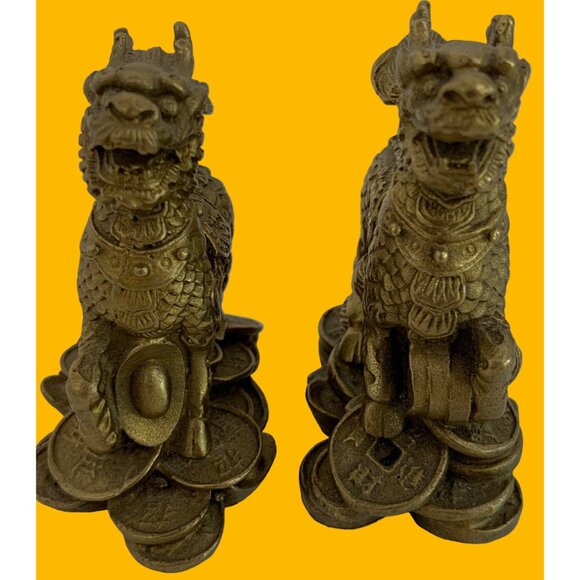 VTG Brass FengShui Foo Dogs Pair Dragon Figures Pi Xiu Figurines Lucky 3" 7892 - Picture 2 of 11